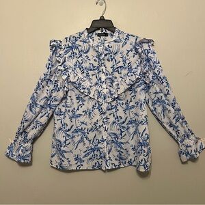 Boohoo Victoria Blue White Floral Romantic Elegant Ruffle Full Button‎ Fairy 12